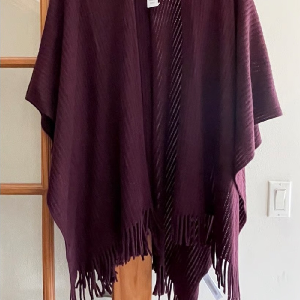 LOFT Outlet Burgundy Knit Fringe Poncho